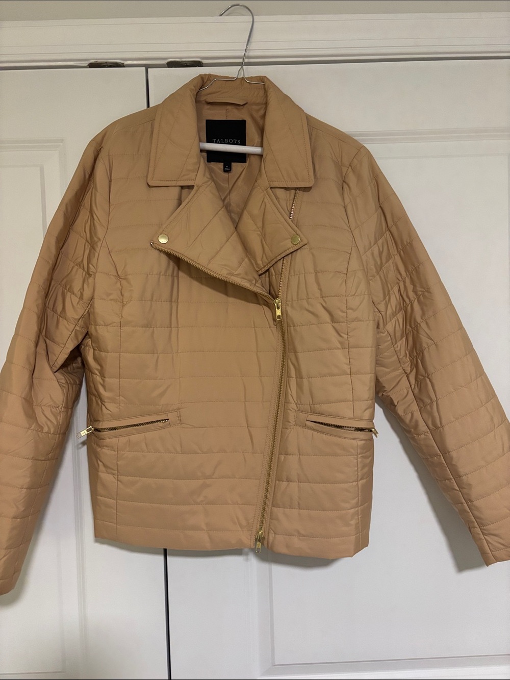 Talbots Quilted Moto Puffer Jacket in Camel